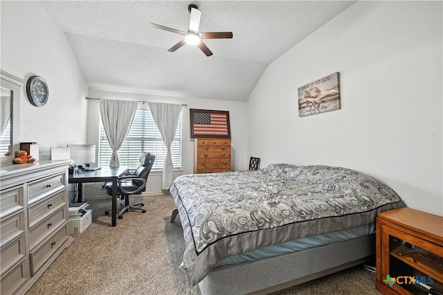 604 Totem Trl, Harker Heights, TX 76548 - bedroom with lofted ceiling, carpet floors, a textured ceiling, an office area, and ceiling fan