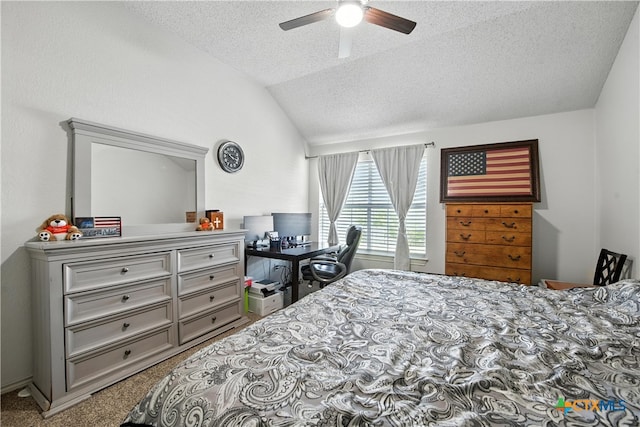 604 Totem Trl, Harker Heights, TX 76548 - bedroom featuring lofted ceiling, a textured ceiling, carpet floors, and ceiling fan