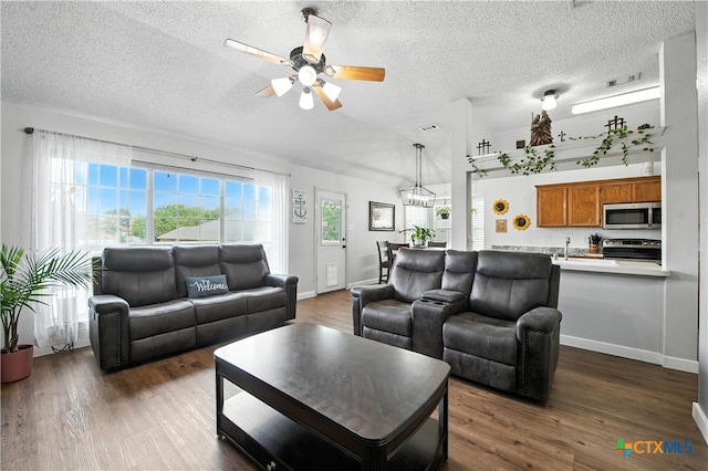 604 Totem Trl, Harker Heights, TX 76548 - living area with ceiling fan, a textured ceiling, dark wood-style flooring, and a chandelier