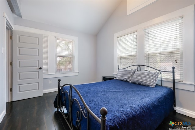 bedroom featuring dark hardwood / wood-style floors and vaulted ceiling