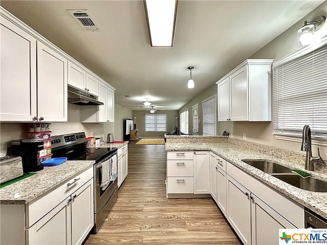 kitchen with kitchen peninsula, sink, stainless steel electric stove, white cabinetry, and light wood-type flooring