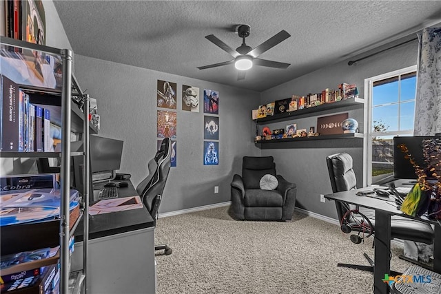 3704 Dewitt County Ct, Killeen, TX 76549 - office space with ceiling fan, carpet flooring, a textured ceiling, a textured wall, and baseboards