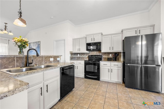3704 Dewitt County Ct, Killeen, TX 76549 - kitchen with black appliances, a sink, tasteful backsplash, crown molding, and light tile patterned floors