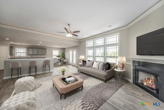 142 Merion Ln, La Vernia, TX 78121 - living room with ornamental molding, light wood finished floors, a ceiling fan, a tiled fireplace, and baseboards