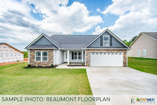 142 Merion Ln, La Vernia, TX 78121 - craftsman inspired home with stone siding, a front yard, and concrete driveway