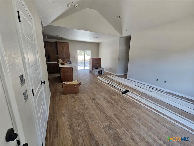 interior space featuring wood-type flooring and high vaulted ceiling