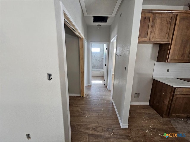 corridor with dark hardwood / wood-style flooring