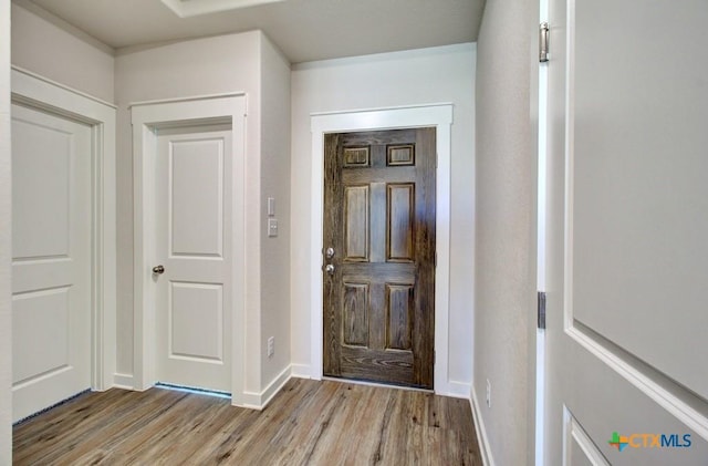 foyer entrance with baseboards and wood finished floors