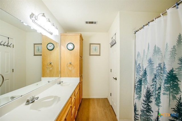 bathroom featuring double vanity, wood finished floors, baseboards, and a sink