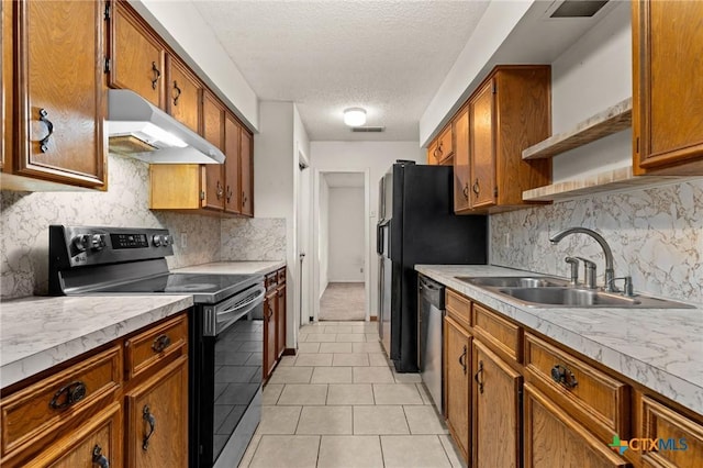 2301 Dover Rd, Killeen, TX 76543 - kitchen featuring electric range oven, under cabinet range hood, a sink, open shelves, and brown cabinetry
