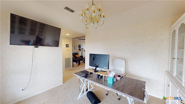 carpeted office space featuring a chandelier