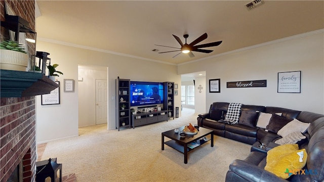 carpeted living room with ceiling fan and ornamental molding