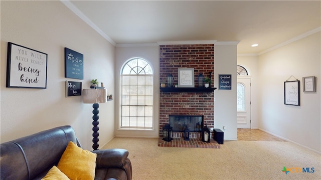 living room featuring light carpet, a wealth of natural light, and a brick fireplace