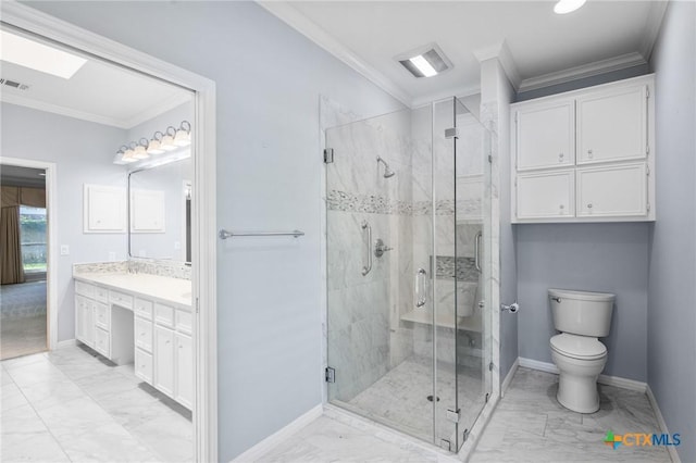 6013 Country Club Dr, Victoria, TX 77904 - bathroom featuring marble finish flooring, ornamental molding, vanity, and a shower stall