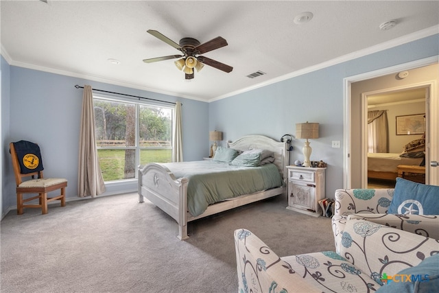 bedroom with crown molding, light carpet, and ceiling fan