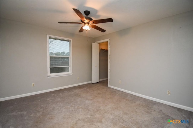 interior space featuring carpet, ceiling fan, and a walk in closet