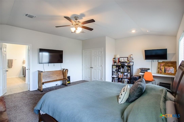 2502 Dante Ct, Harker Heights, TX 76548 - tiled bedroom featuring vaulted ceiling, a ceiling fan, and a closet