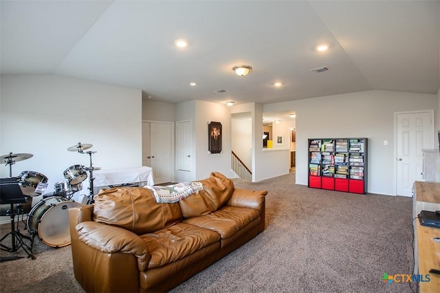 2502 Dante Ct, Harker Heights, TX 76548 - carpeted living room featuring vaulted ceiling and recessed lighting