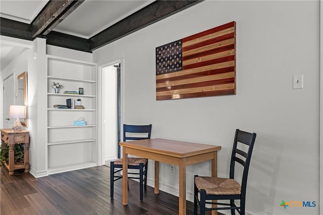 dining area with dark wood finished floors, beamed ceiling, and built in features