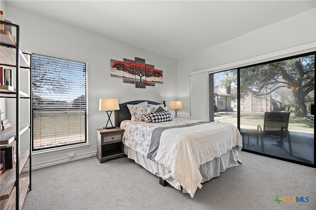 bedroom with access to exterior and carpet floors