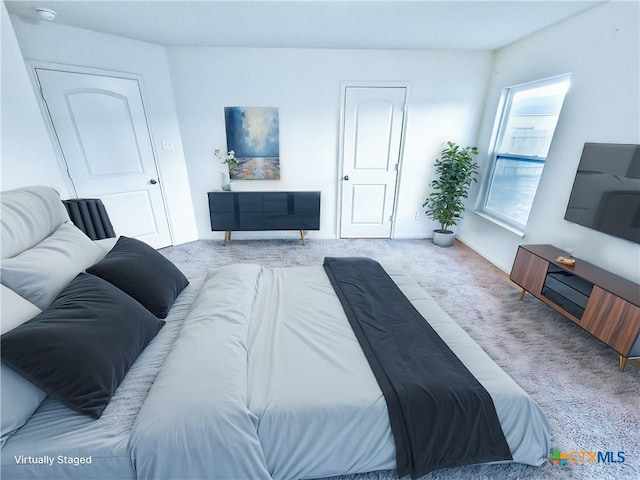 bedroom with light colored carpet