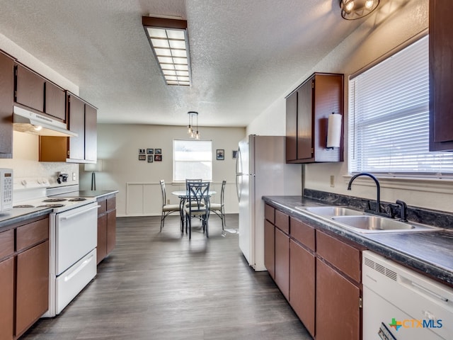 kitchen with a textured ceiling, dark wood-type flooring, sink, and white appliances