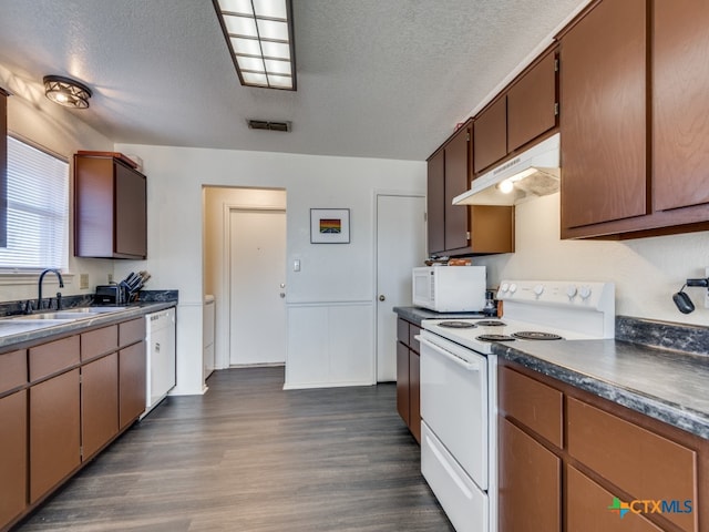 kitchen featuring dark wood-type flooring, white appliances, sink, and a textured ceiling