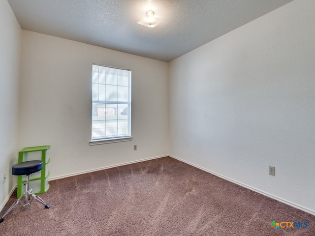 unfurnished room with a textured ceiling and carpet flooring