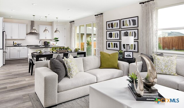 living room with sink, a wealth of natural light, and light wood-type flooring