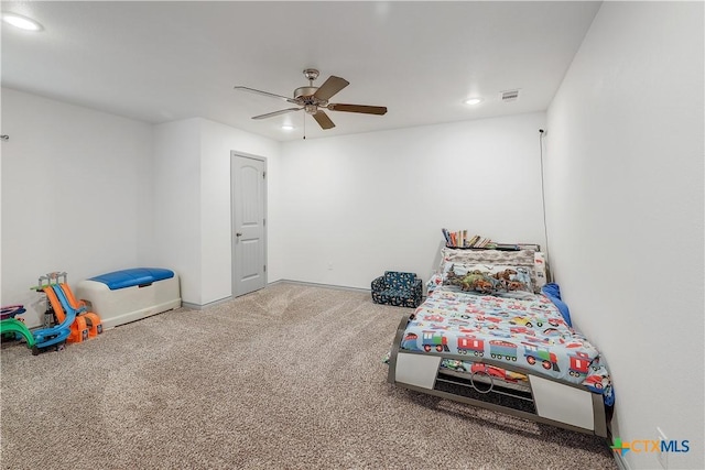 bedroom featuring visible vents, carpet flooring, baseboards, and recessed lighting