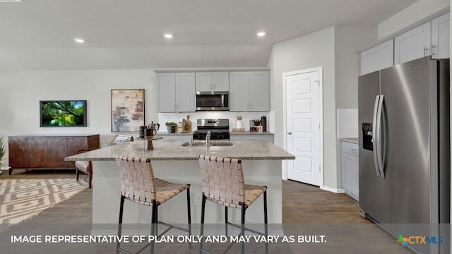 kitchen featuring light stone countertops, appliances with stainless steel finishes, dark hardwood / wood-style flooring, tasteful backsplash, and an island with sink