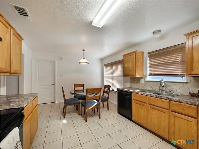 408 Rowdy Dr, Killeen, TX 76542 - kitchen featuring black appliances, a textured ceiling, light tile patterned floors, decorative backsplash, and dark countertops