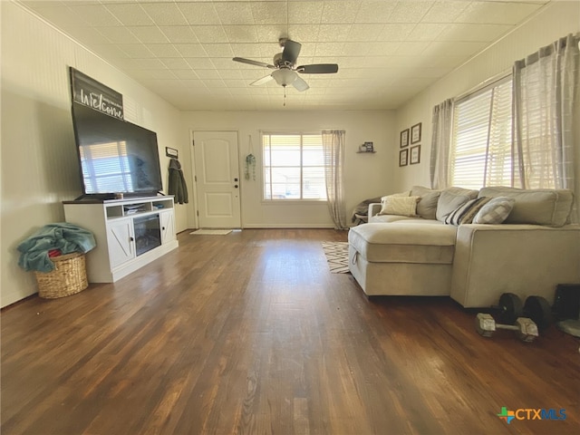 living room with ceiling fan and dark hardwood / wood-style floors