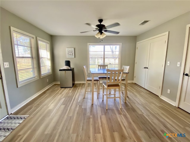 dining room with light hardwood / wood-style flooring and ceiling fan