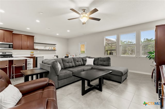135 Mary Max Cir, San Marcos, TX 78666 - living area featuring ceiling fan, recessed lighting, baseboards, and light tile patterned floors