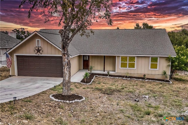 1139 Persimmon Pass, Fischer, TX 78623 - ranch-style house with roof with shingles, a garage, driveway, and board and batten siding