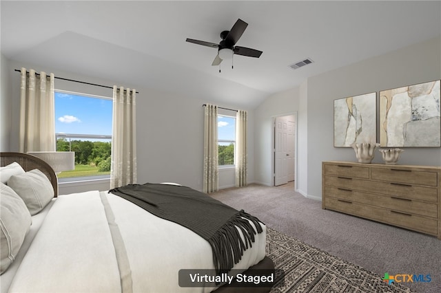 907 Pecos Cv, Leander, TX 78641 - carpeted bedroom featuring lofted ceiling, baseboards, and a ceiling fan