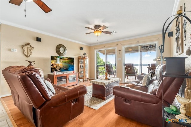3735 Smoke Signal Rd, Belton, TX 76513 - living room featuring a ceiling fan, ornamental molding, and light wood-style flooring