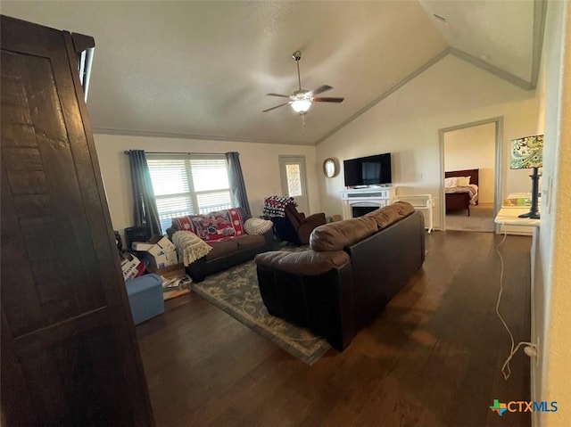 living room with vaulted ceiling, a fireplace, ceiling fan, and dark wood-style flooring