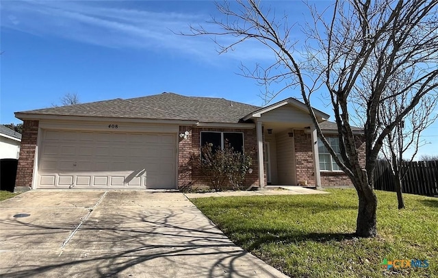 ranch-style home featuring brick siding, a front lawn, fence, concrete driveway, and a garage