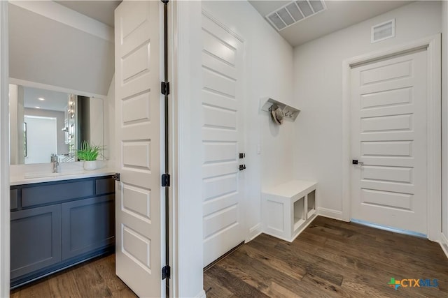 interior space with sink and dark wood-type flooring