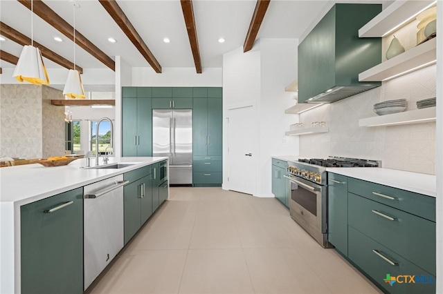 215 Mesa Vista Dr, Leander, TX 78641 - kitchen featuring premium appliances, open shelves, green cabinetry, beam ceiling, and decorative backsplash