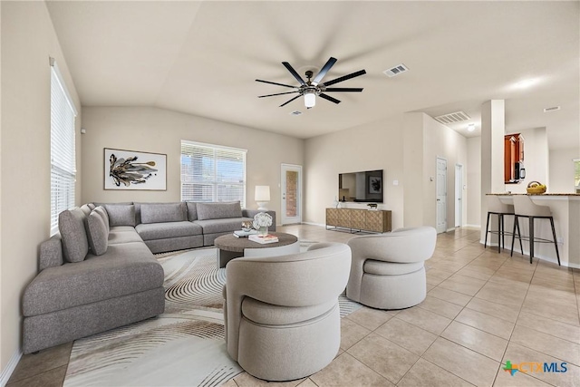 5507 Sulfur Spring Dr, Killeen, TX 76542 - living area with light tile patterned floors, ceiling fan, and lofted ceiling
