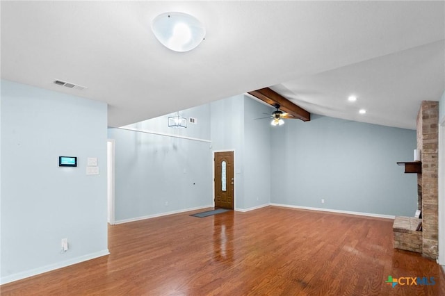 305 Berwick St, Victoria, TX 77904 - unfurnished living room with wood finished floors, a brick fireplace, ceiling fan, and recessed lighting