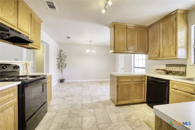 kitchen with rail lighting, an inviting chandelier, kitchen peninsula, pendant lighting, and black appliances