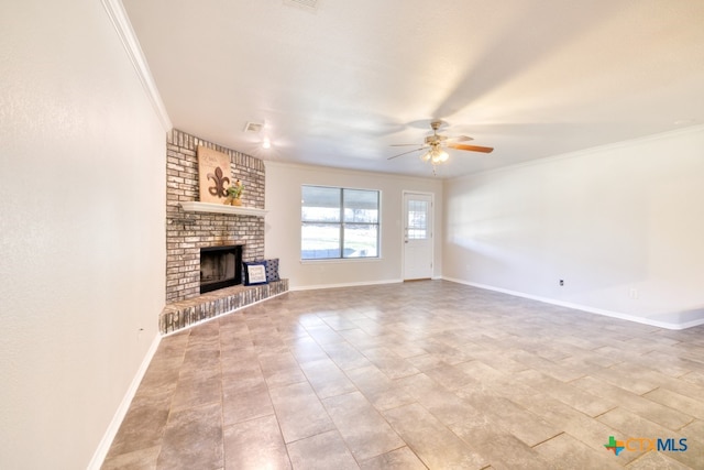 unfurnished living room with crown molding, a fireplace, and ceiling fan