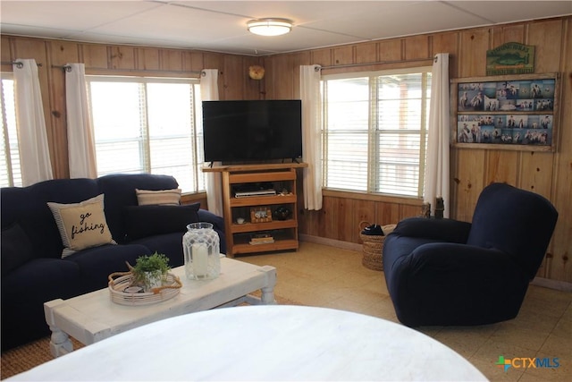 living room with a wealth of natural light and wooden walls