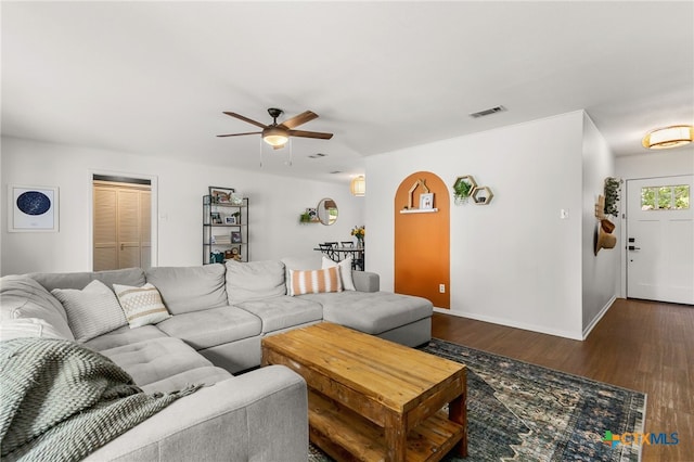 812 Merritt Dr, Lockhart, TX 78644 - living area featuring ceiling fan and dark wood finished floors