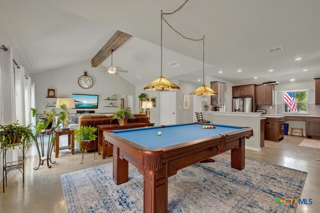 game room featuring vaulted ceiling with beams, ceiling fan, and billiards