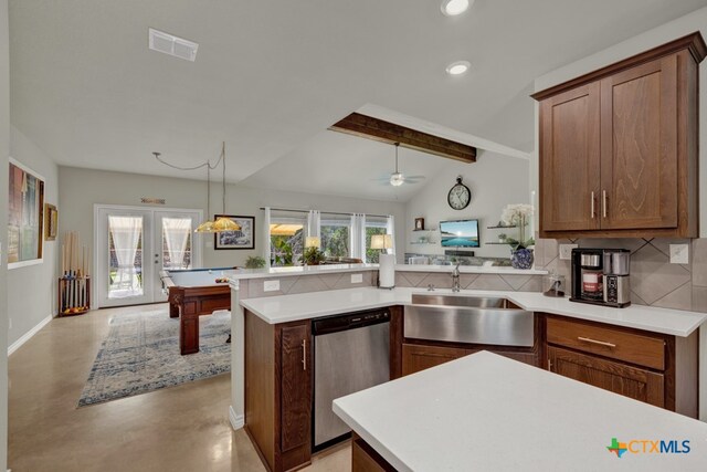 kitchen featuring french doors, sink, vaulted ceiling with beams, stainless steel dishwasher, and pendant lighting